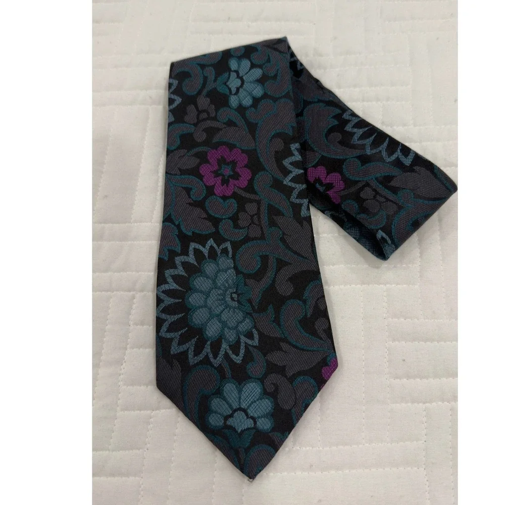 The Tailored Man San Francisco Floral Paisley Brocade Silk Necktie Teal Purple